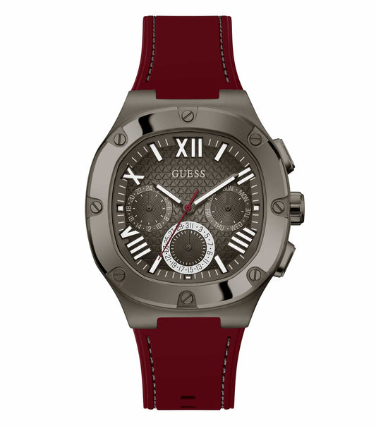 Passionate display of Guess watch, vibrant red hue, angled view showcasing sleek design and bold detailing on bezel.