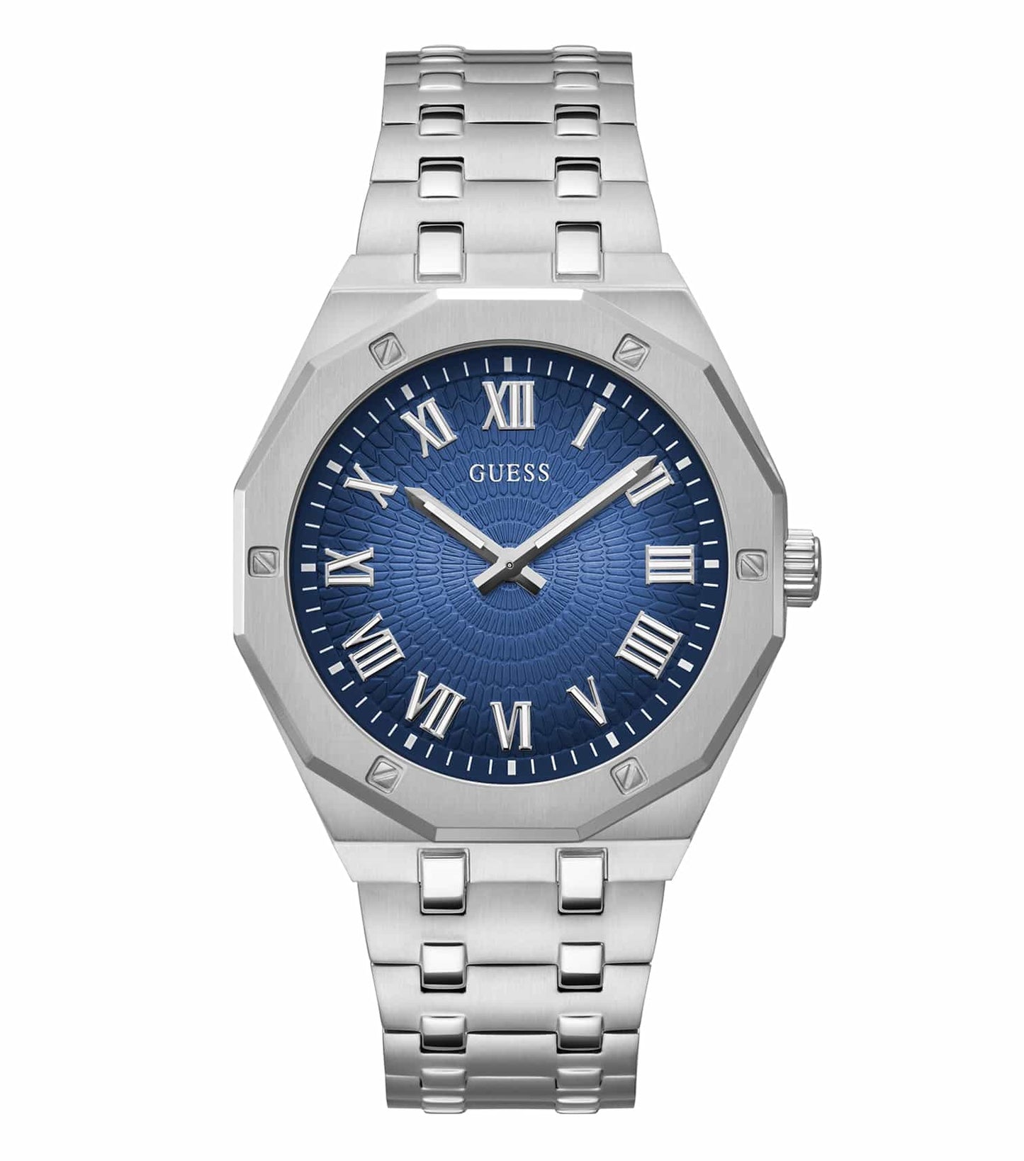 Guess Silver Watch, GW0575G4 model, showcasing a sleek front angle, single color design with modern elegance, perfect for enthusiasts.