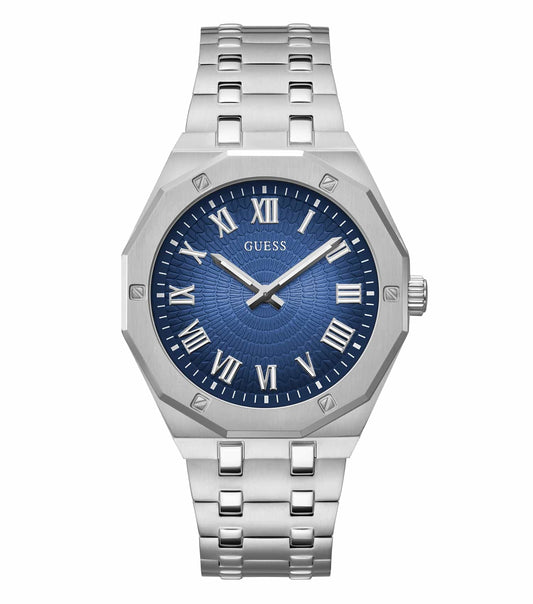 Guess Silver Watch, GW0575G4 model, showcasing a sleek front angle, single color design with modern elegance, perfect for enthusiasts.