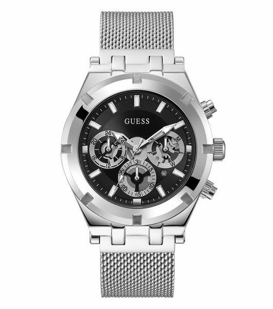 Guess brand black watch at a 44-degree angle showcasing sleek design and sophisticated style, perfect for any occasion.