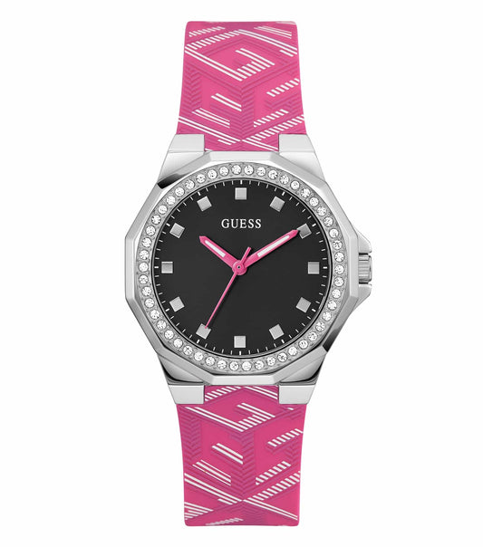 Guess quartz pink watch with crystal accents, featured at a front-angle view, showcasing its elegant round face and metal strap.