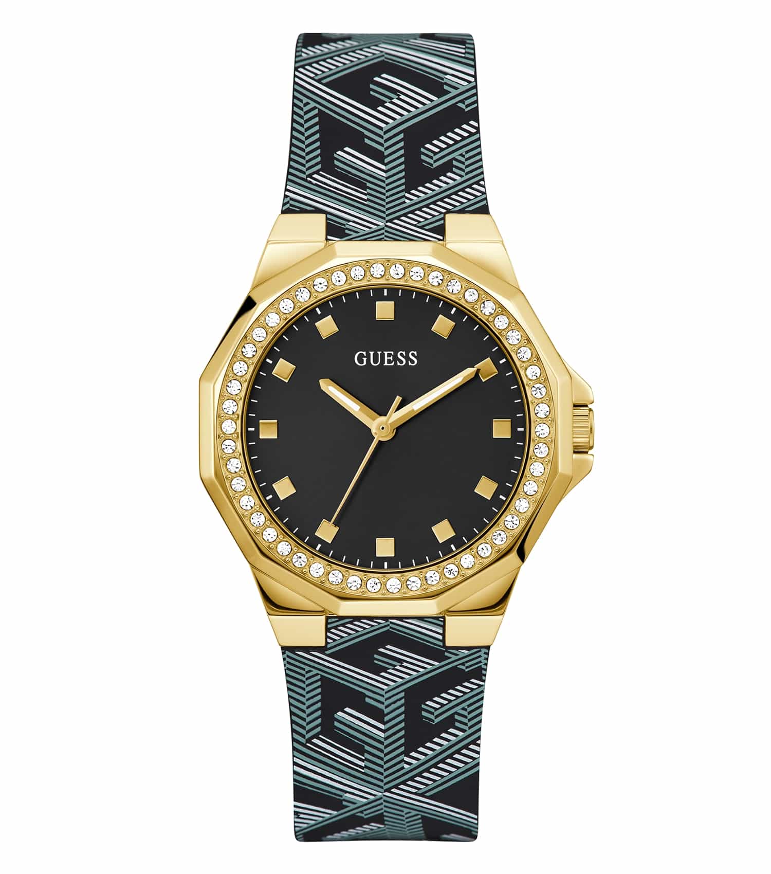 Stylish Guess watch in stunning Quartz color, showcasing a sleek design and black strap. Front angle reveals elegant details.