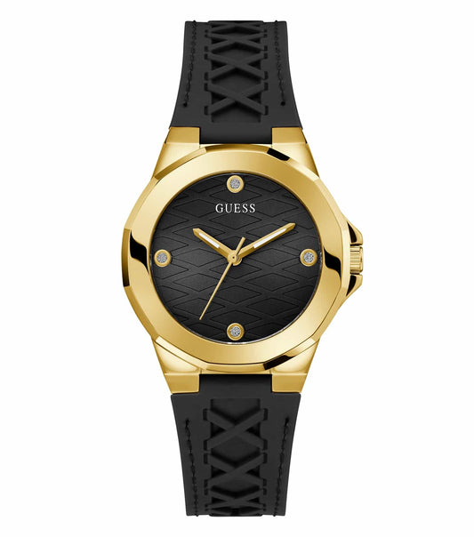 Stunning Guess quartz black watch, elegantly displayed at an angle that highlights its sleek design and luxurious feel.