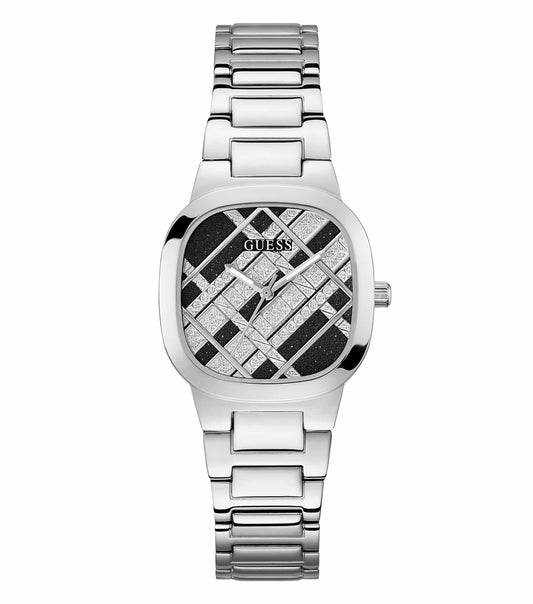 Guess Silver Watch GW0600L1 Front View – Sleek silver design with clash color dial; elegant fashion accessory for style enthusiasts.