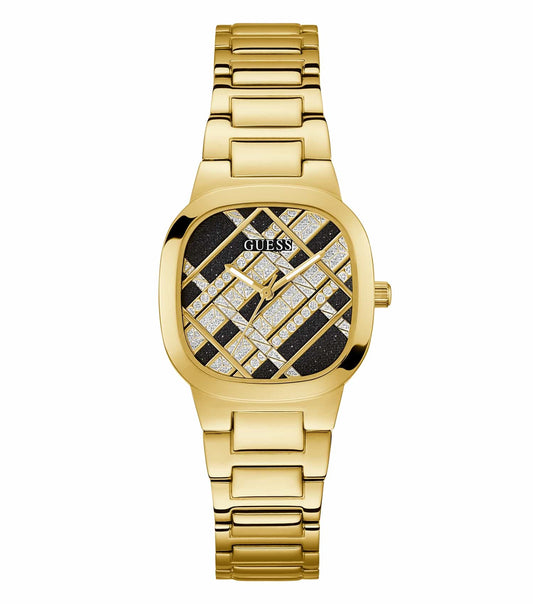 Guess Watch in Quartz Gold Color, Close-Up Angle; Elegant Design, Sparkling Dial, Radiant Metal Finish, Unmatched Sophistication