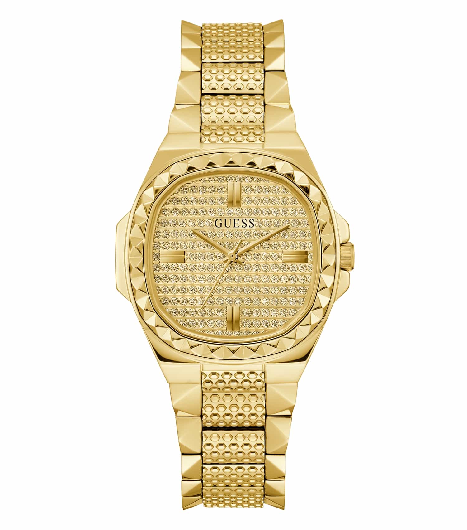 Guess gold-tone watch with elegant bracelet close-up; dial at a slight angle, showcasing stylish design and premium finish.