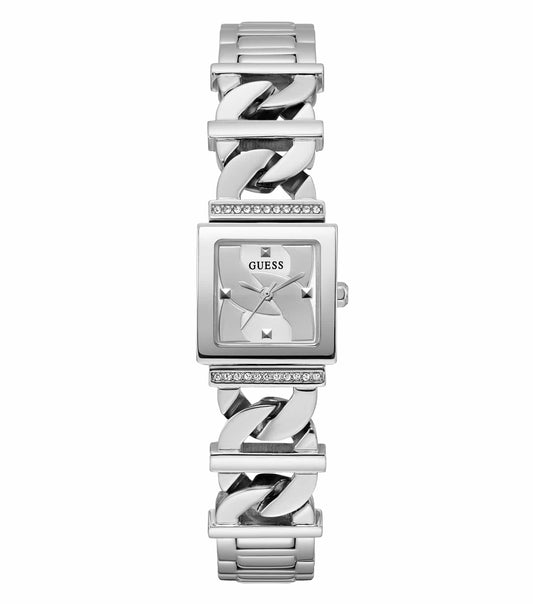 Elegant Guess women's watch in silver with clear face and crystal accents, displayed at a 20-degree angle, timeless style.