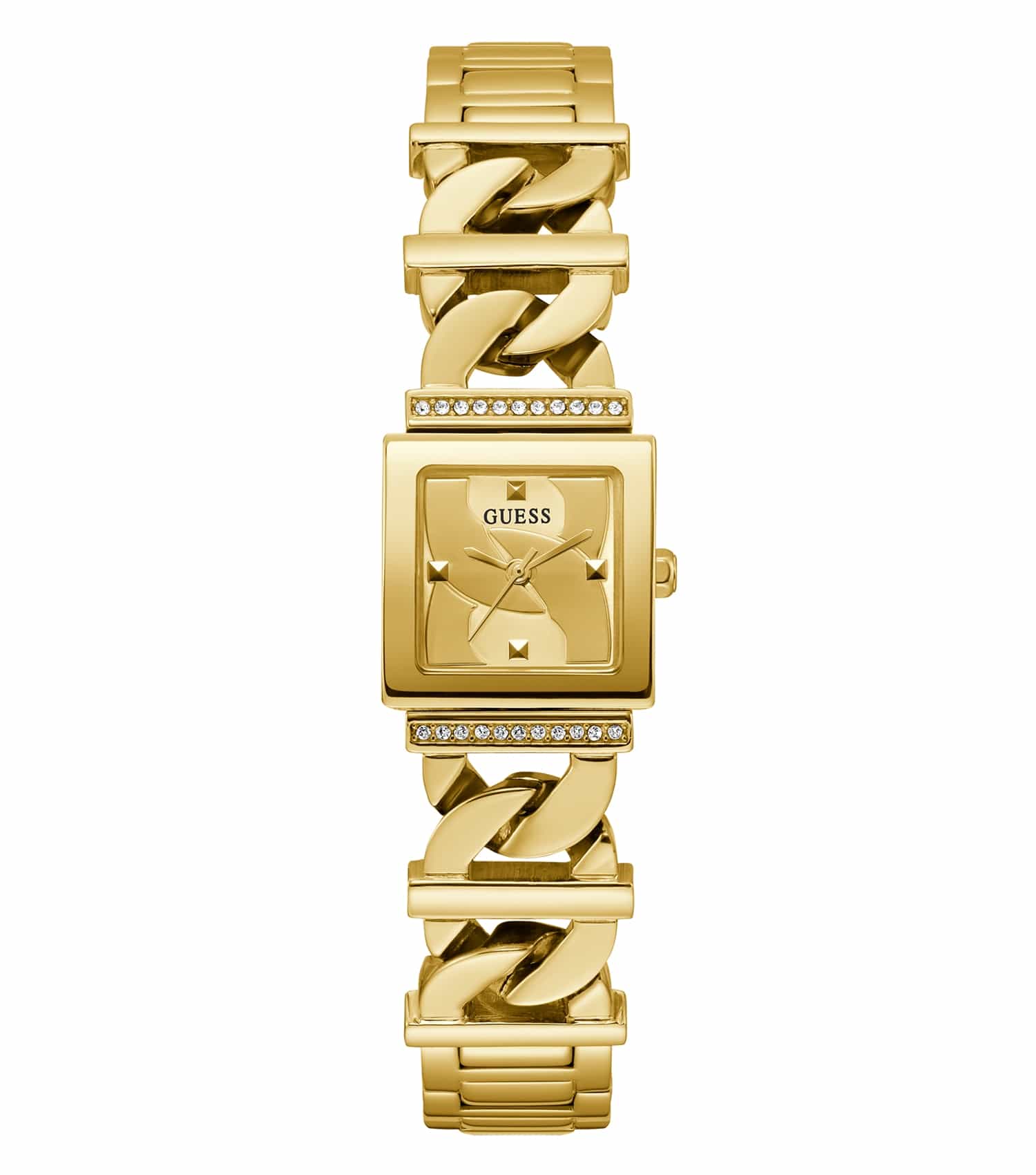 Elegant Guess quartz watch in gold, featuring a side angle view with a shimmering round face and stylish bracelet.