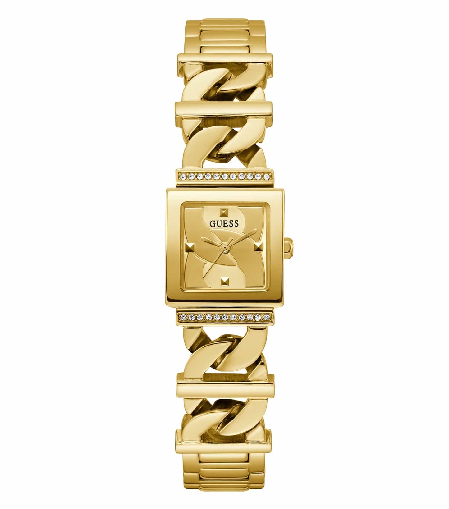 Elegant Guess quartz watch in gold, featuring a side angle view with a shimmering round face and stylish bracelet.