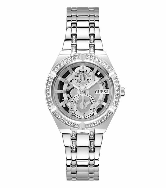 Guess silver-tone watch with crystal accents, angled front view showcasing elegant round dial, sleek design tailored for fashion.