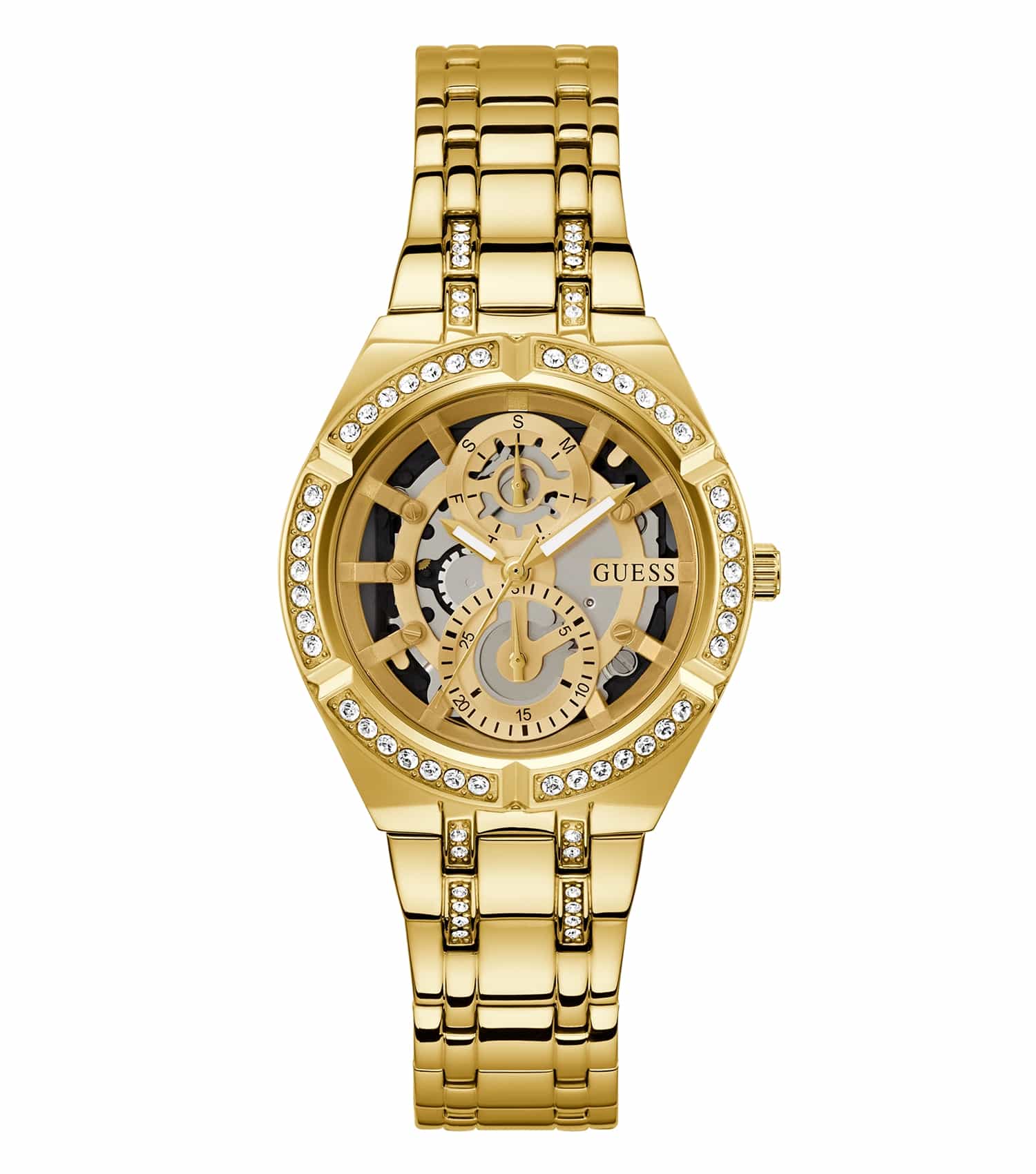 Gold Guess Quartz watch with a sparkling dial and crystal accents on a soft band, displayed at a dynamic 45-degree angle.