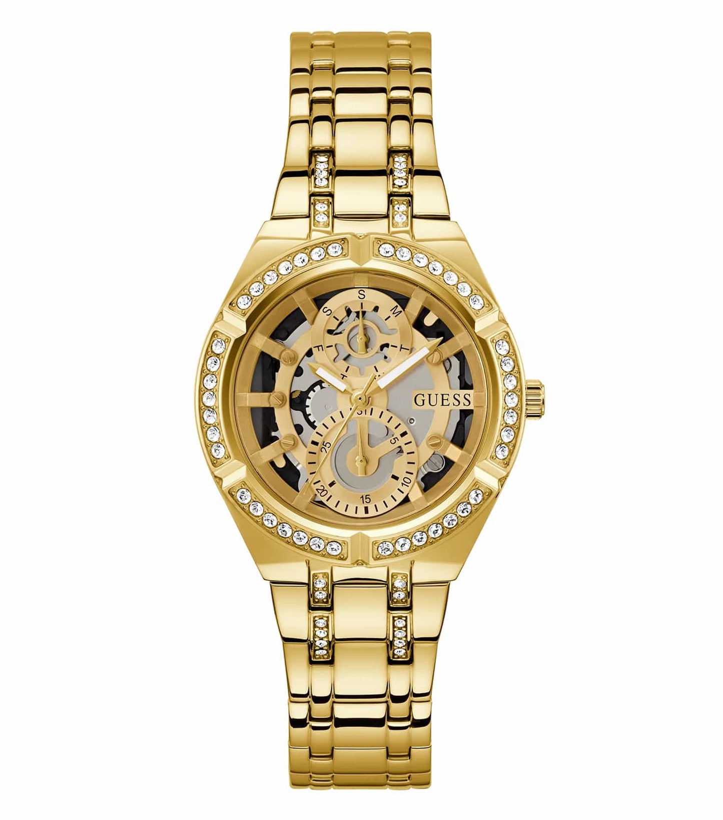 Gold Guess Quartz watch with a sparkling dial and crystal accents on a soft band, displayed at a dynamic 45-degree angle.