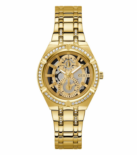 Gold Guess Quartz watch with a sparkling dial and crystal accents on a soft band, displayed at a dynamic 45-degree angle.