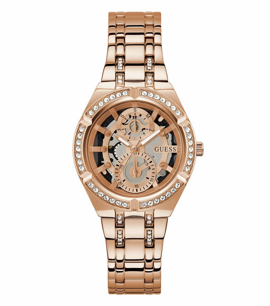 Guess rose gold watch with a round face at a 36-degree angle against a white background, showcasing elegant sophistication.