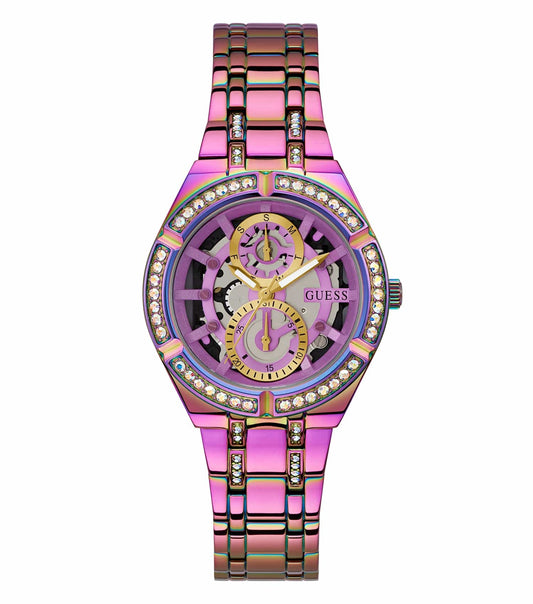 Guess watch featuring a round, multicolored dial with mesh band, displayed from a front angle showcasing its elegant design.