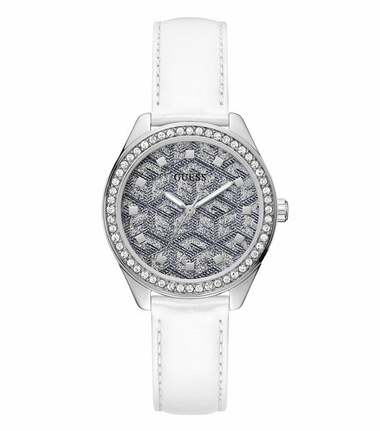 Angled view of a Guess white 36mm analog watch featuring a sleek gloss finish, highlighting the brand's refined elegance.