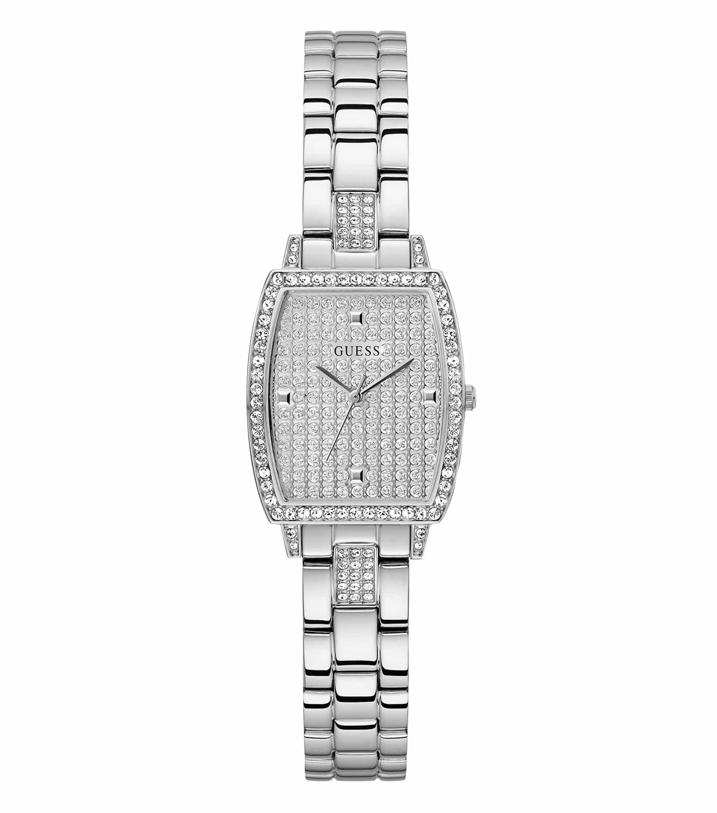 Elegant Guess silver-toned women's watch with stunning white dial and crystal accents, photographed from a three-quarter angle.
