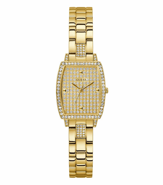 Guess gold watch with elegant round dial, brilliant color close-up, showcasing easygoing flow from angled side view.