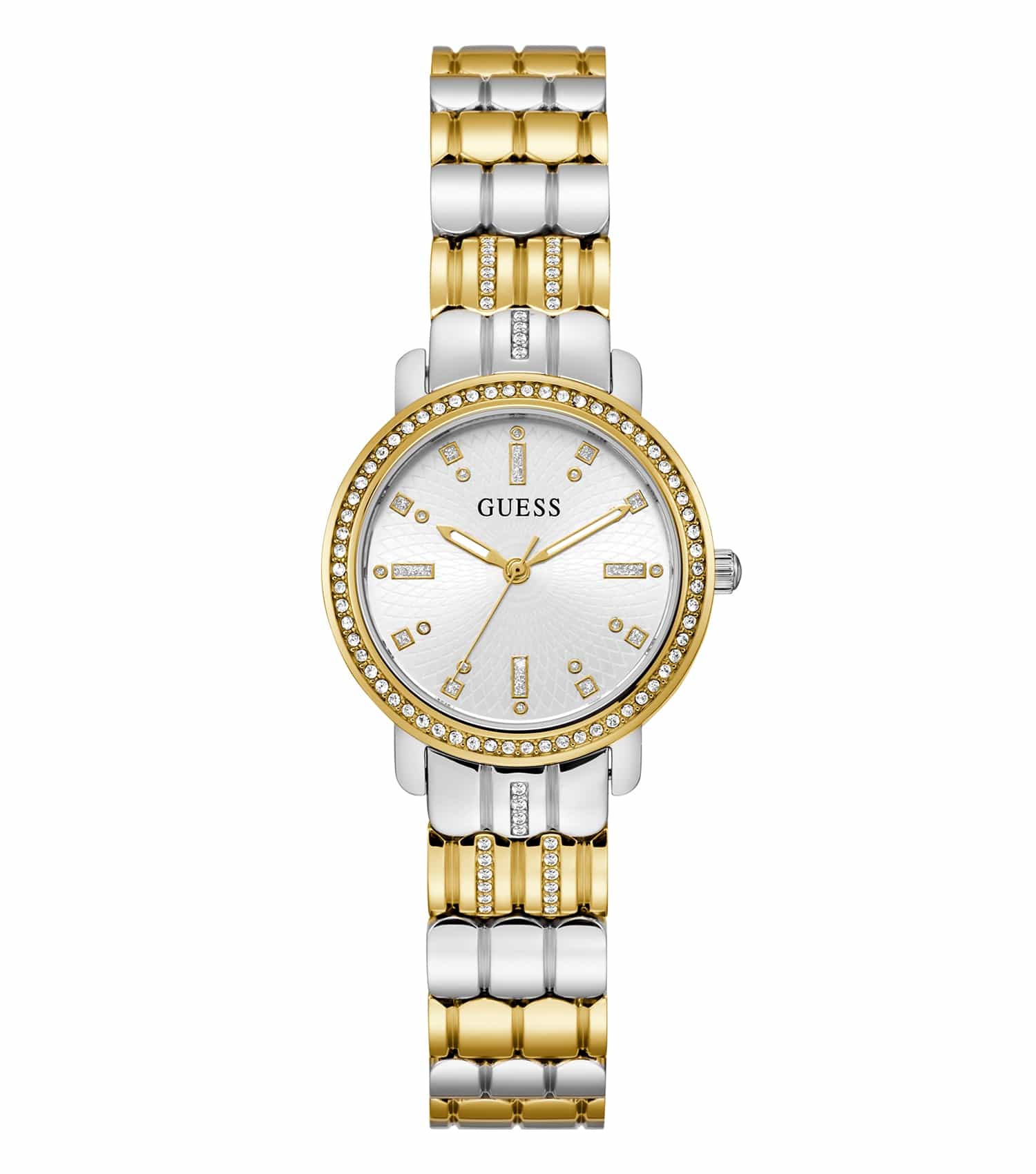 Guess brand two-tone watch with a sophisticated design, silver and gold accents, and elegant face, viewed from a slight angle.