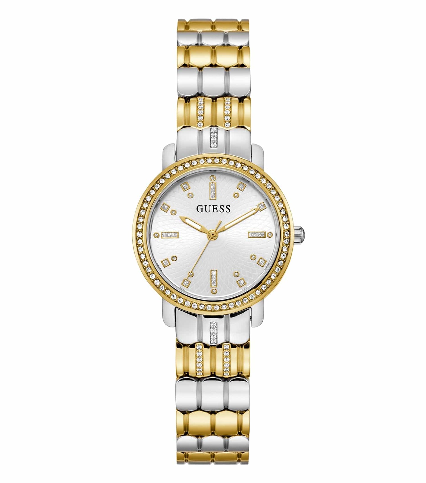 Guess brand two-tone watch with a sophisticated design, silver and gold accents, and elegant face, viewed from a slight angle.