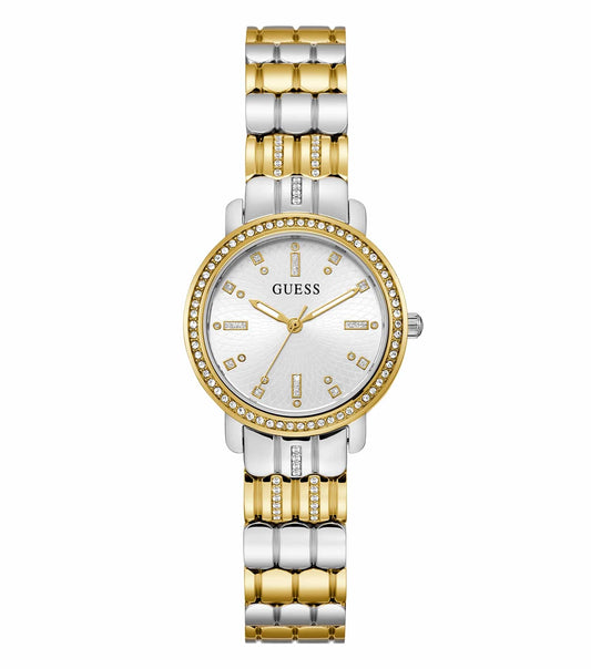 Guess brand two-tone watch with a sophisticated design, silver and gold accents, and elegant face, viewed from a slight angle.