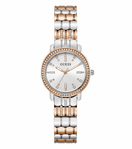  Guess two-tone quartz watch, close-up angle, featuring intricate gold and silver design with a gleaming clean face and delicate links.