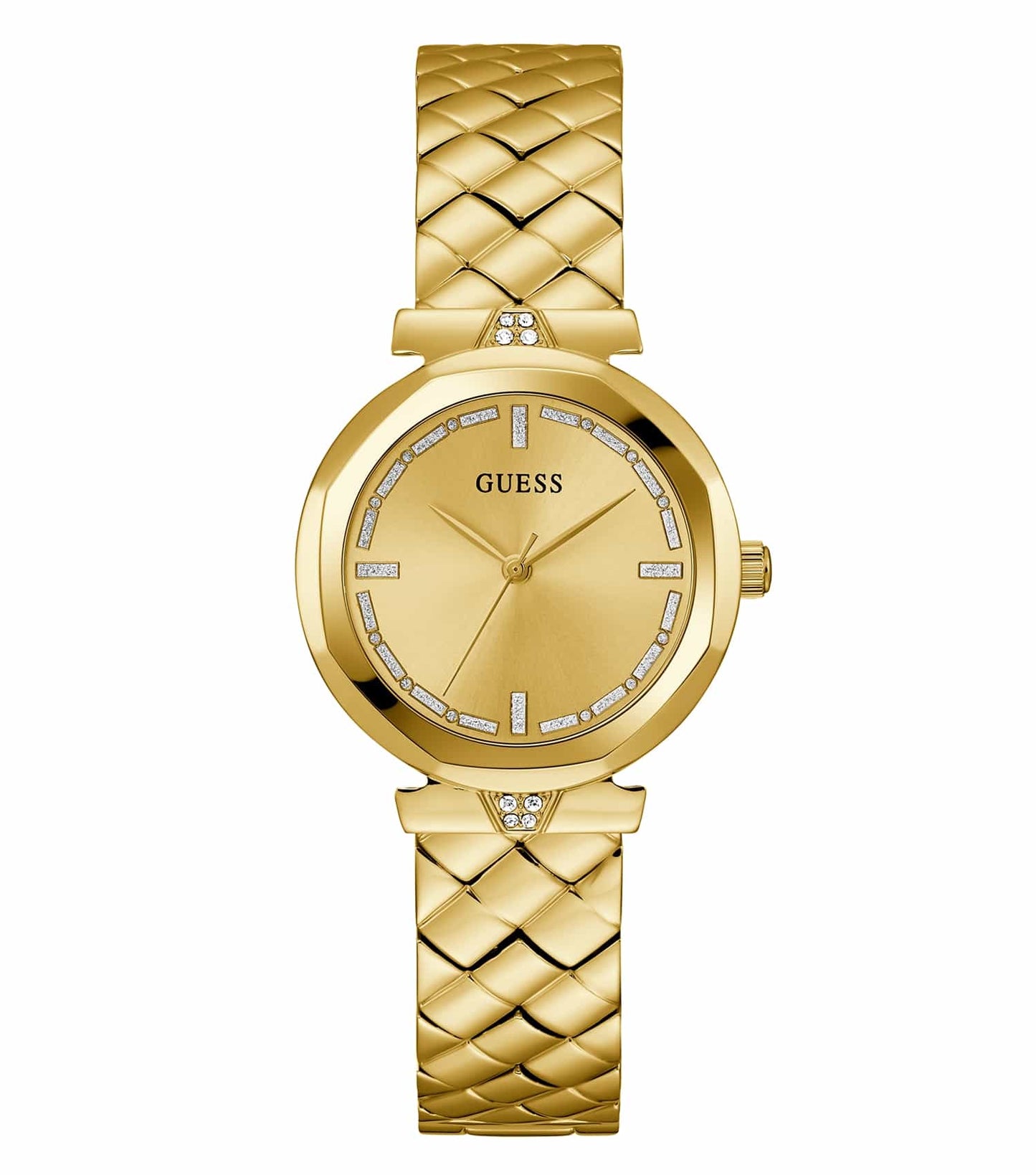 Guess quartz gold watch, angled front view with sparkling stones and sleek design, showcasing elegance and luxury.