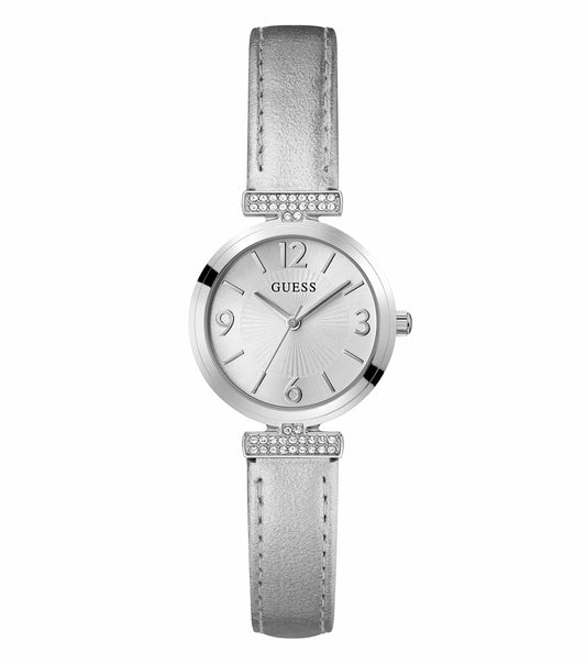 GUESS silver watch face close-up, displaying elegant Roman numerals, sleek bezel, and polished links, angled top-down for stylish appeal.