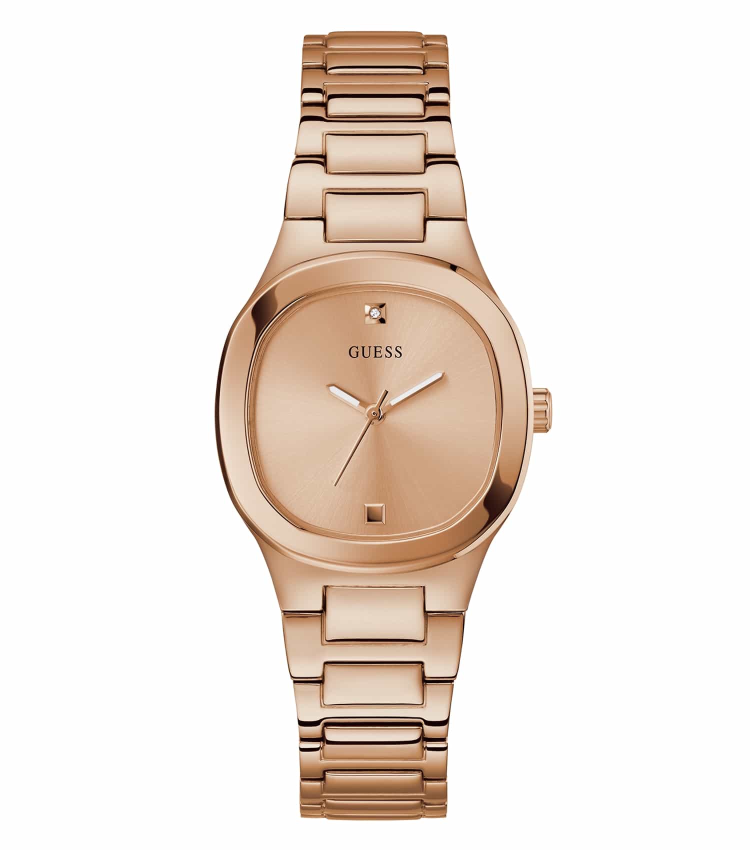 Guess rose gold watch with a sleek round face and crystal embellishments, showcased in a sophisticated angle view.