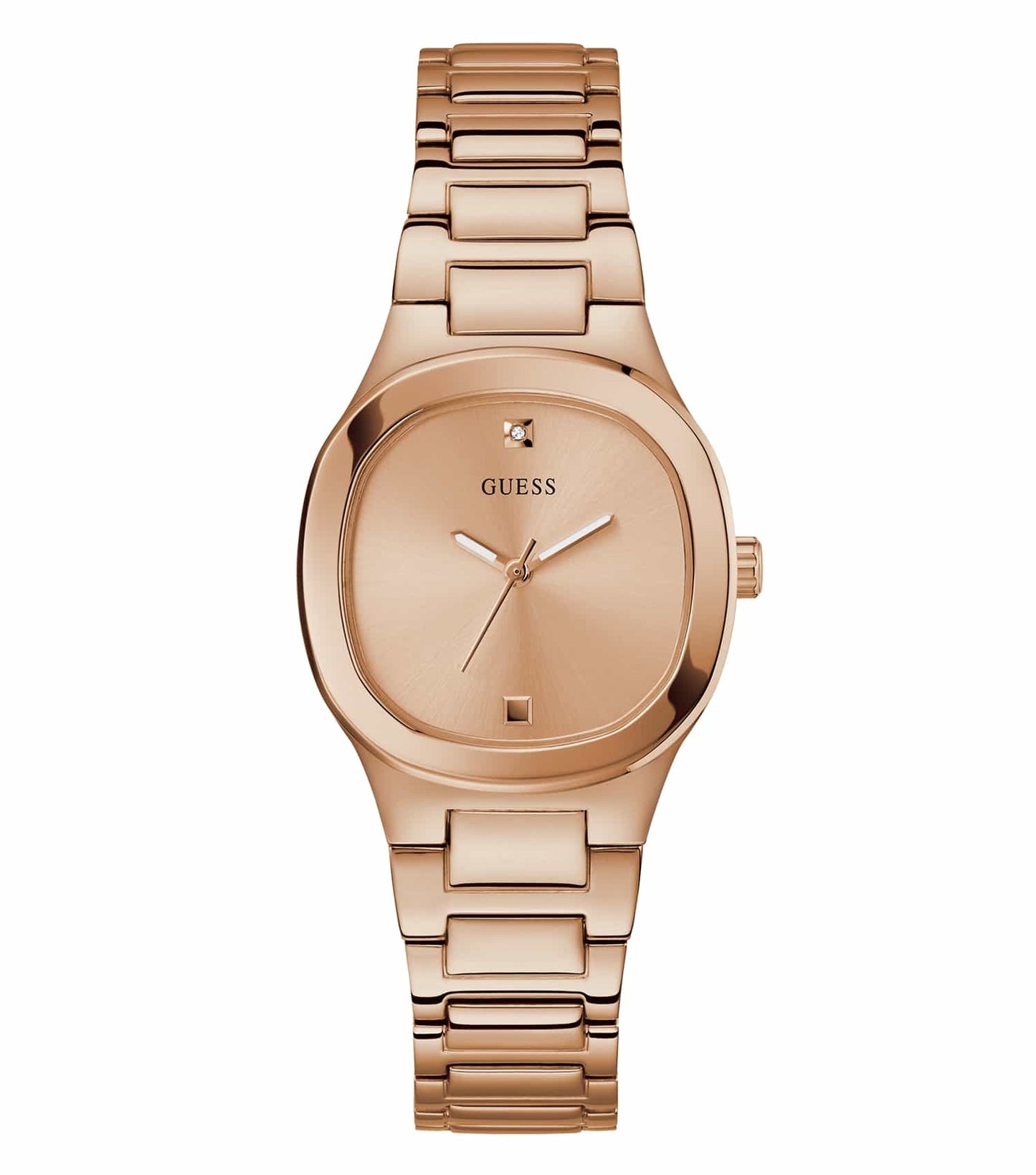 Guess rose gold watch with a sleek round face and crystal embellishments, showcased in a sophisticated angle view.
