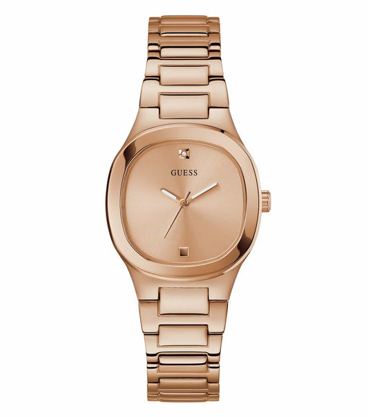 Guess rose gold watch with a sleek round face and crystal embellishments, showcased in a sophisticated angle view.