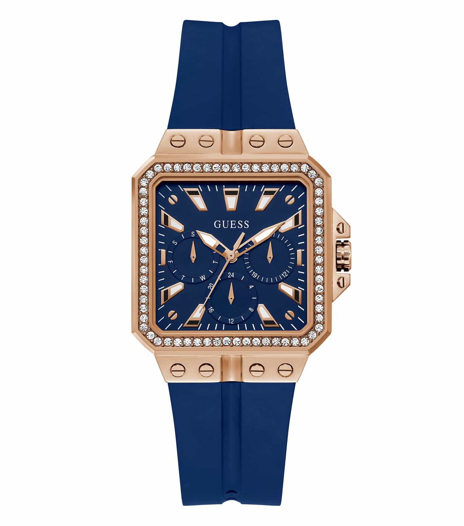 Guess brand blue watch at a 34-degree angle, elegant design with delicate strap and standout round dial, showcasing style and precision.