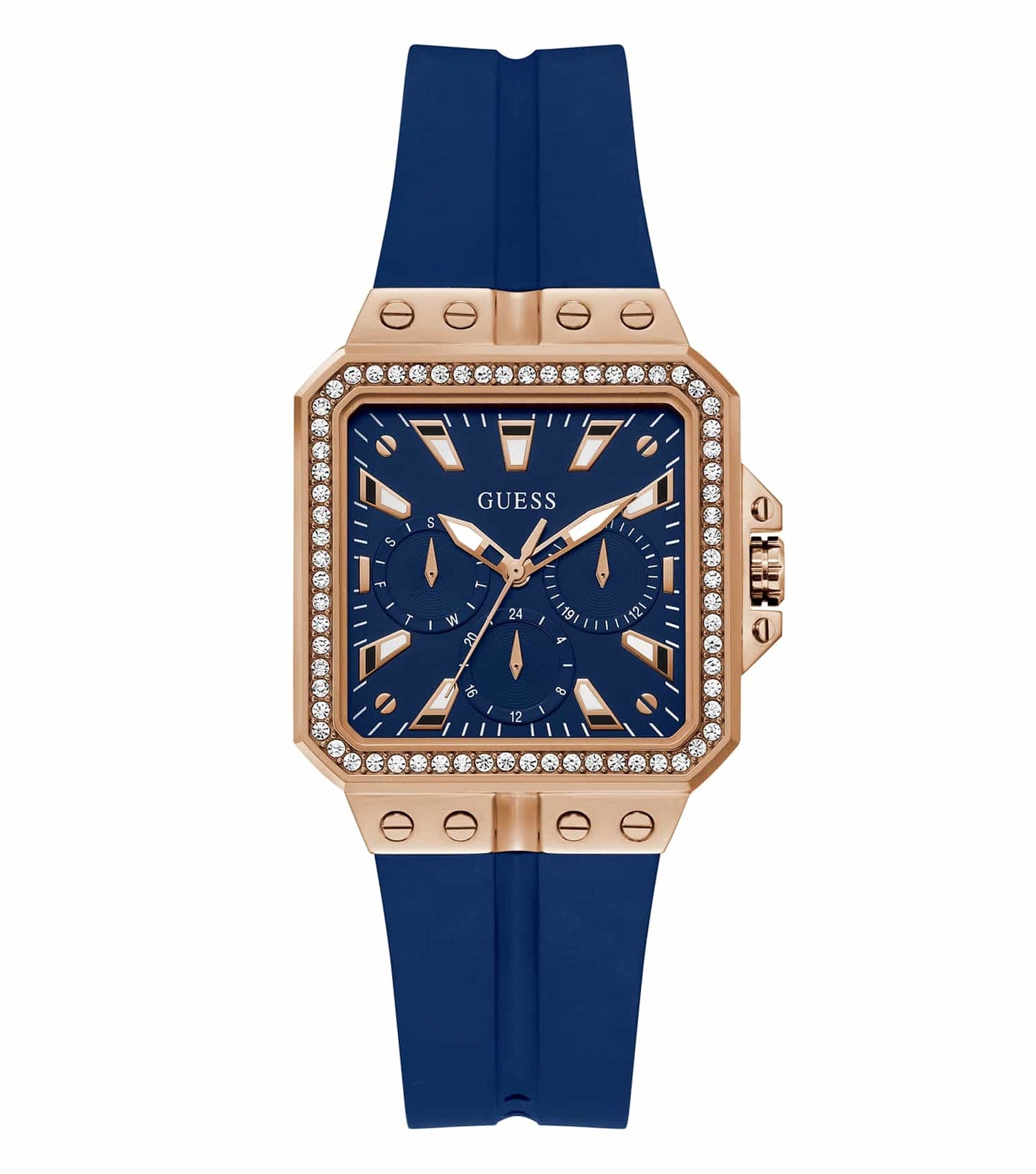 Guess brand blue watch at a 34-degree angle, elegant design with delicate strap and standout round dial, showcasing style and precision.