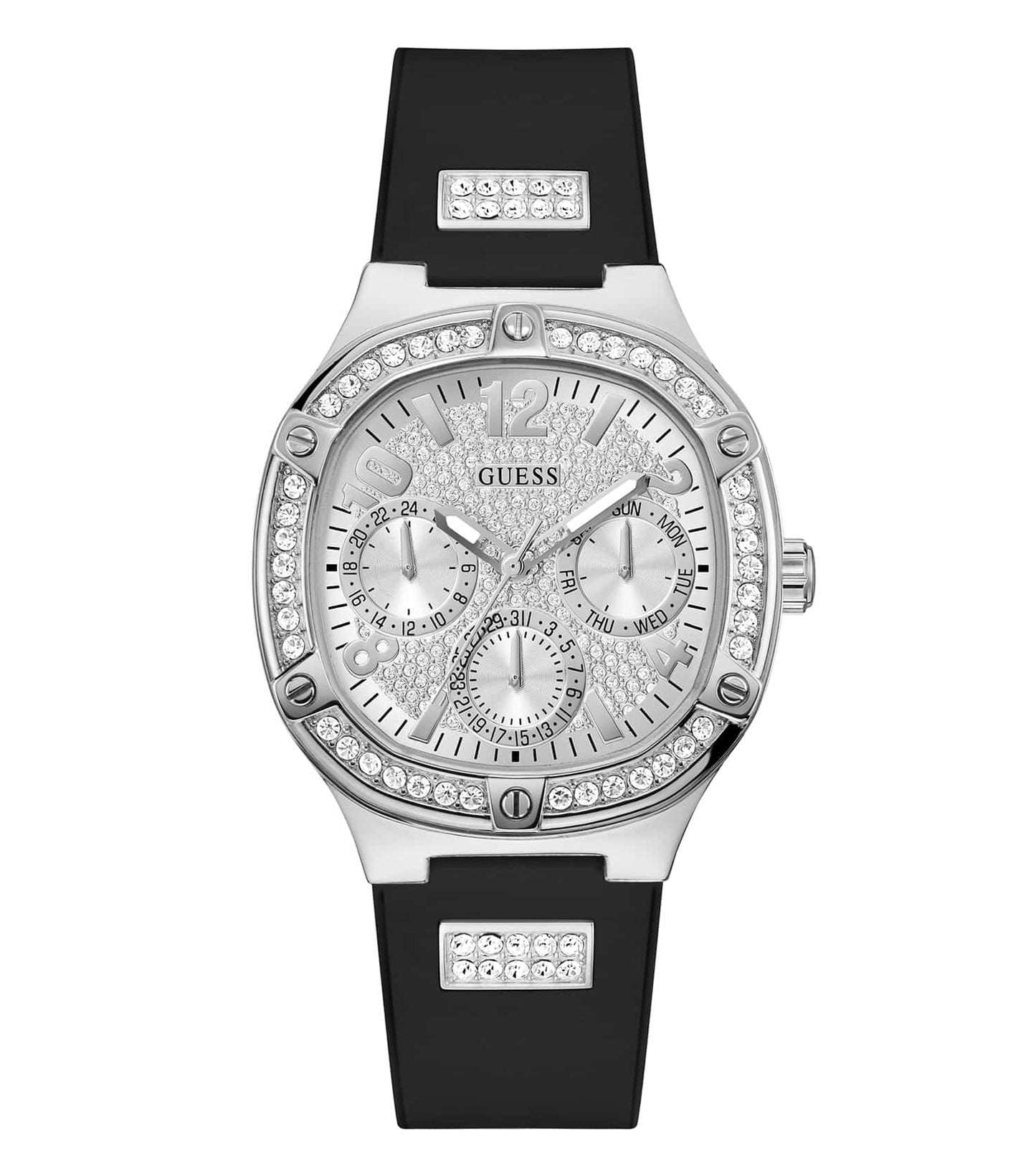 Elegant black Guess watch with sleek design, displaying round face at a front angle, ideal for style enthusiasts.