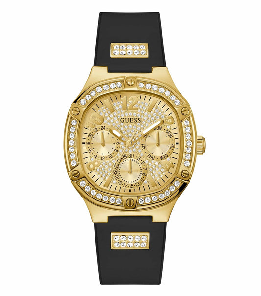 Guess GW0619L2 watch in black color, stylishly angled at 40 degrees, featuring a sleek round face and elegant metallic accents.