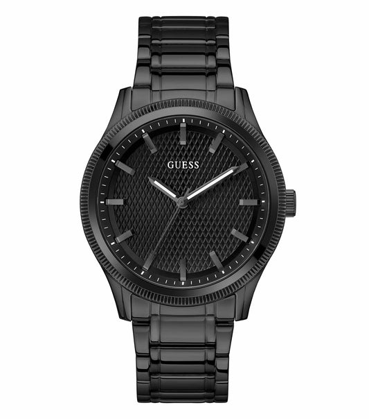 Guess black men's watch, model GW0626G3; close-up angled view highlighting sleek design, stainless steel bracelet, and elegant black dial.