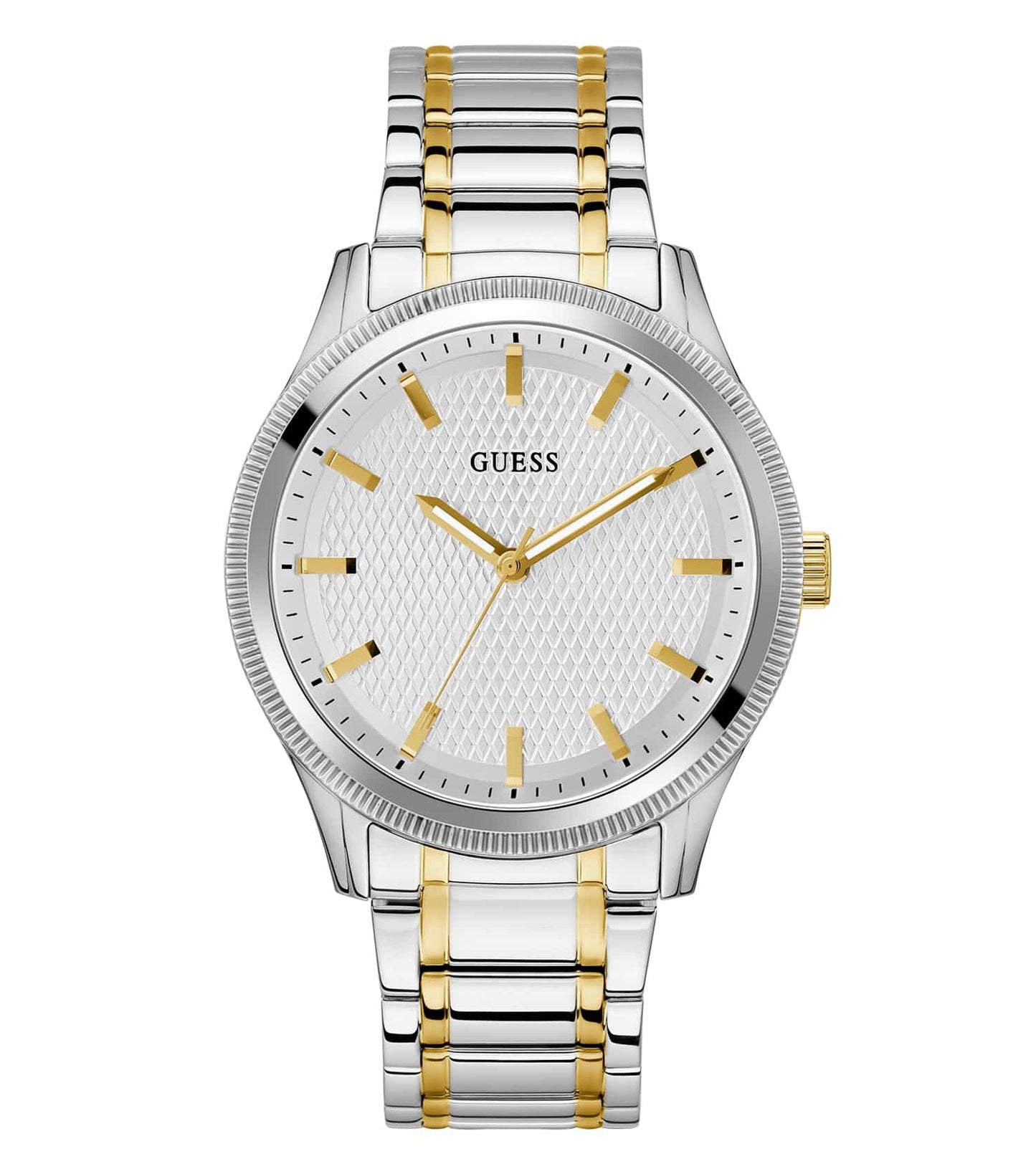  Passionate about watches? Discover the elegant two-tone Guess quartz watch, angled from the left, with a chic blue dial.