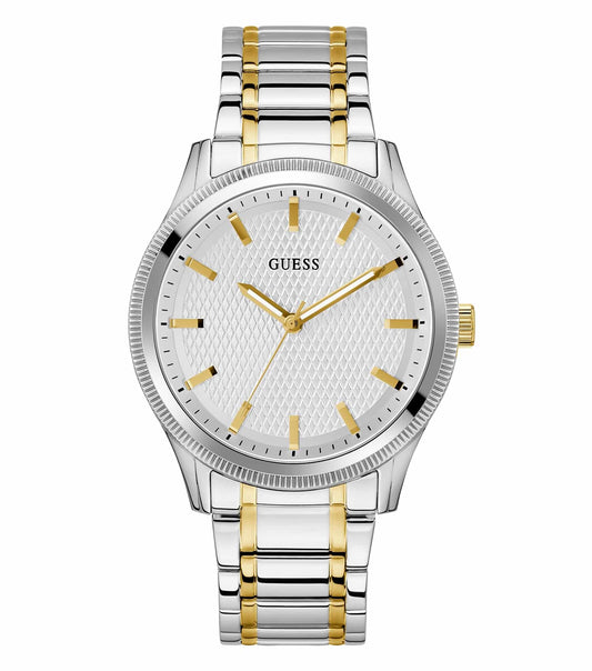  Passionate about watches? Discover the elegant two-tone Guess quartz watch, angled from the left, with a chic blue dial.