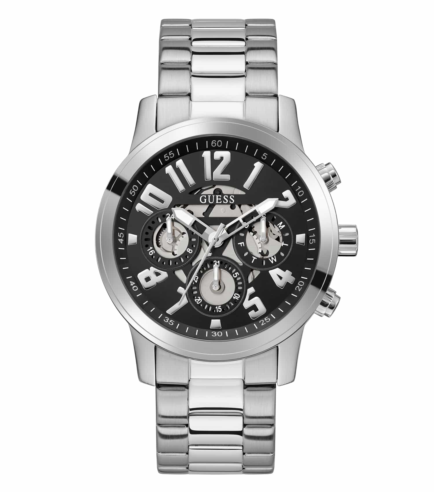 Elegant Guess watch in a sleek silver stainless steel design, shown from an angled side view, showcasing its refined metal texture.