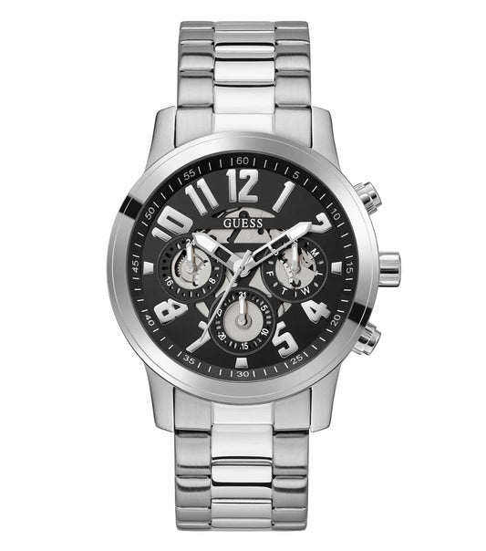 Elegant Guess watch in a sleek silver stainless steel design, shown from an angled side view, showcasing its refined metal texture.