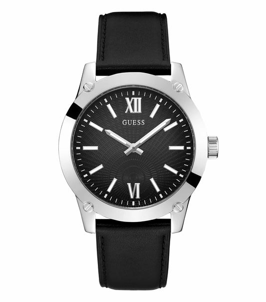 Passionate side angle view of sleek Guess black watch, GW0628G1 model, featuring bold dial and elegant stainless steel bracelet.