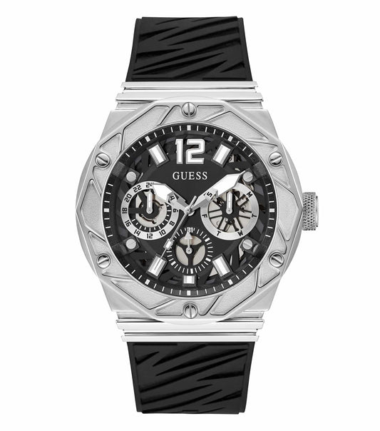 Guess quartz watch in sleek black, showcasing a modern round dial design with subtle shine, angled slightly to highlight chic detailing.