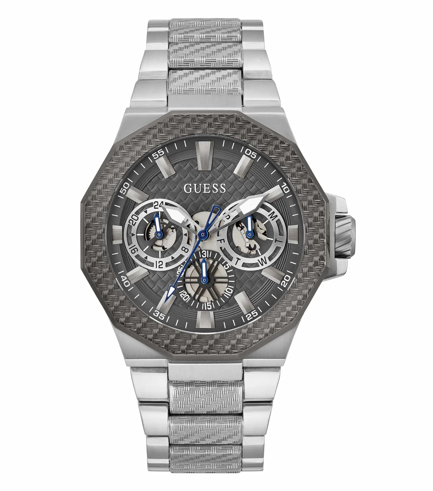 Guess silver watch, model GW0636G1, showcasing a sleek round face and metallic strap, captured at a 45-degree angle.