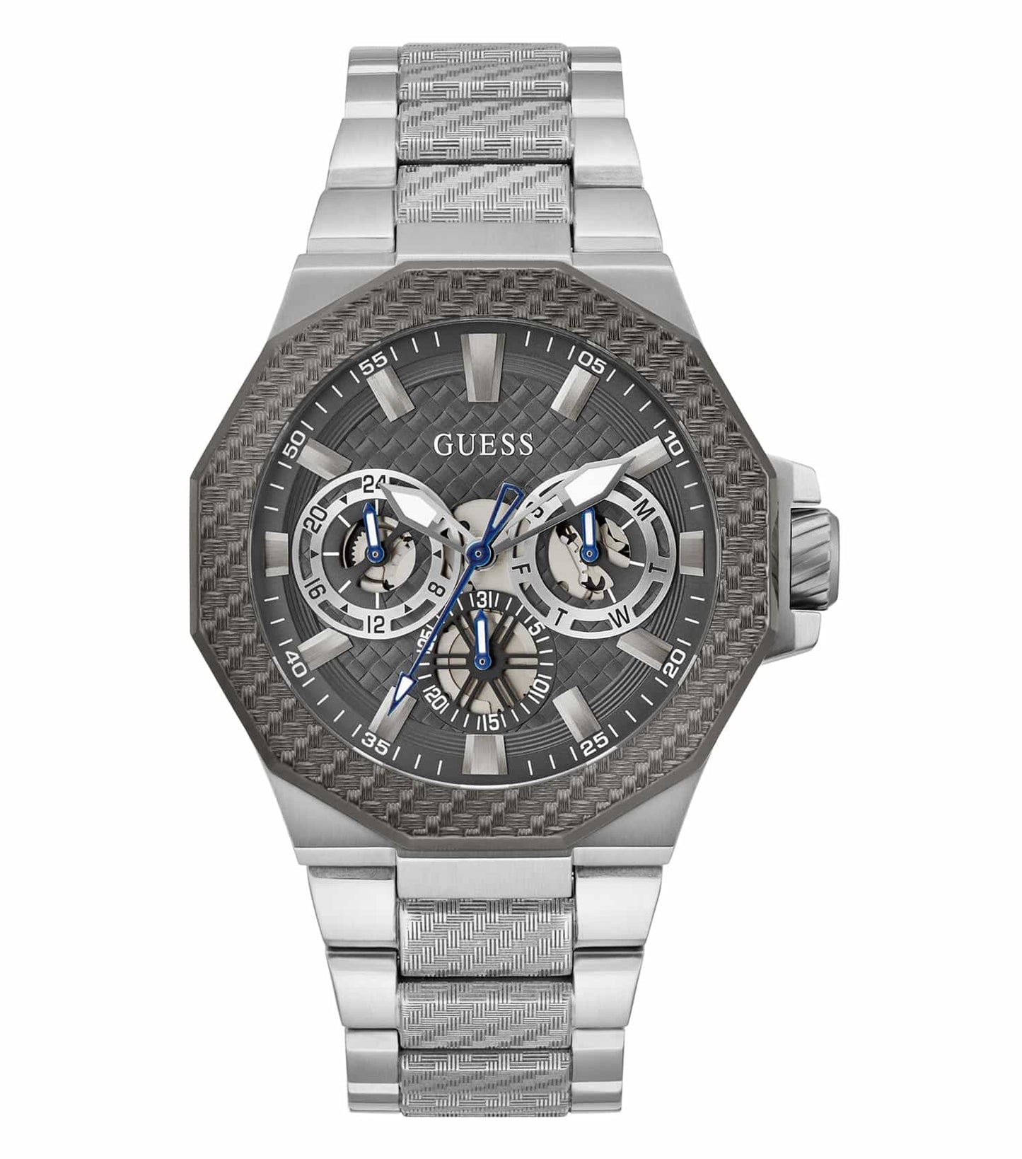Guess silver watch, model GW0636G1, showcasing a sleek round face and metallic strap, captured at a 45-degree angle.