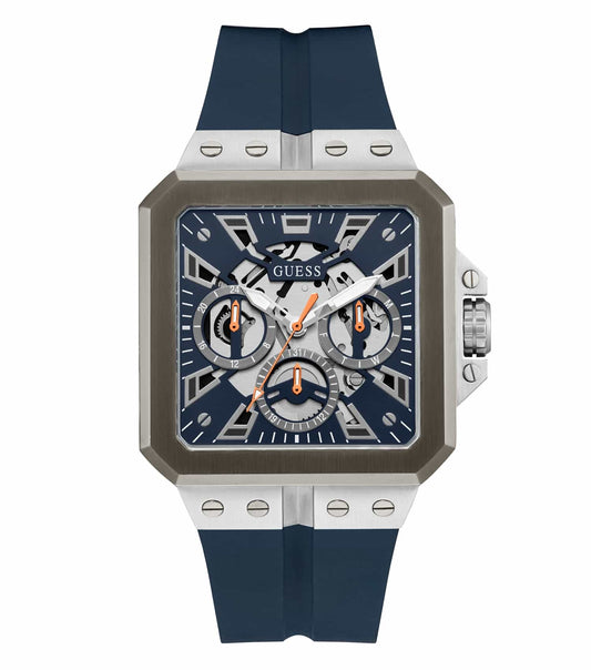 Guess watch in vibrant Leo blue, elegant round face and silver accents, positioned at an eye-catching 45-degree angle, exudes timeless style.