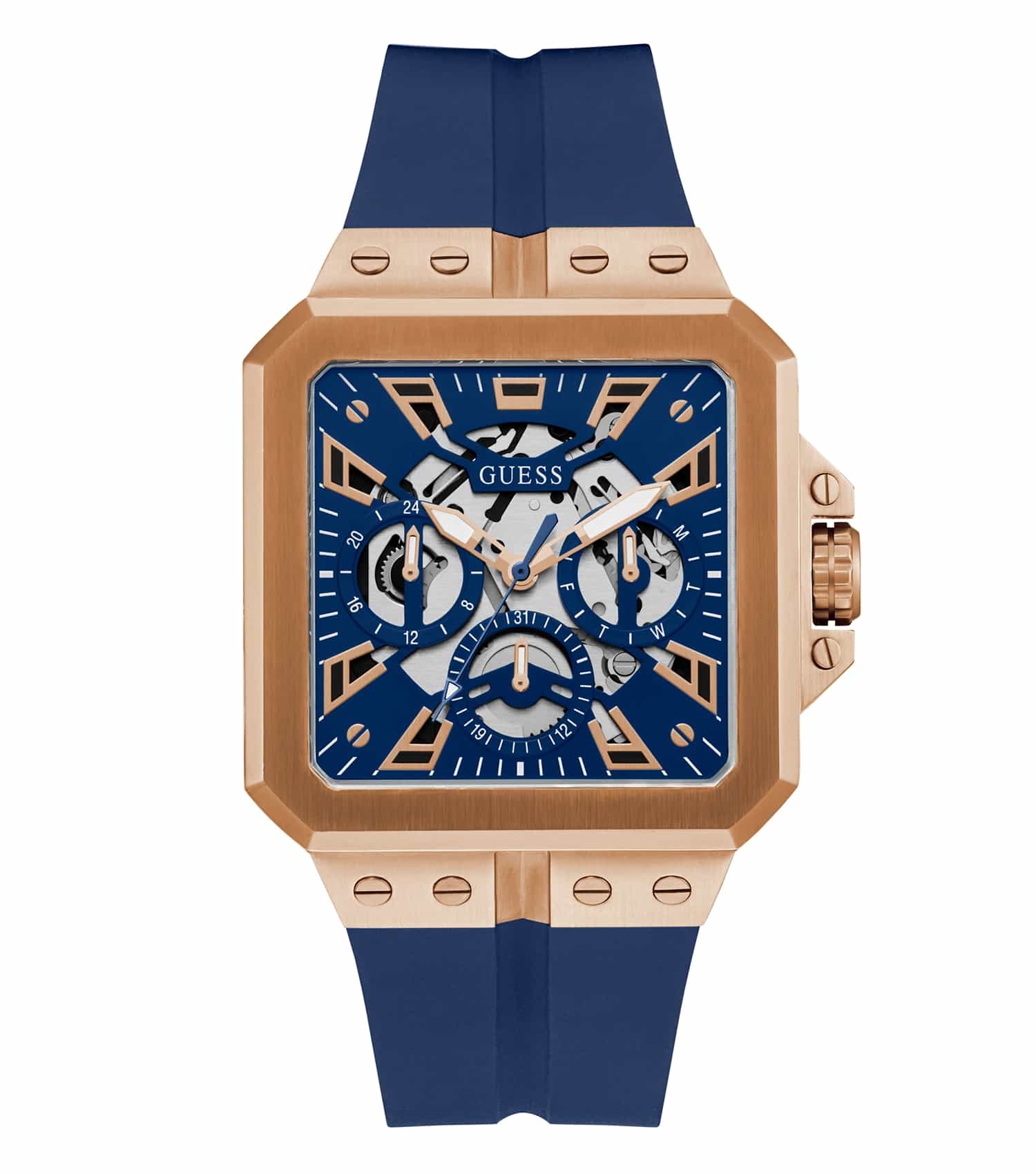 Guess watch, Leo model in striking blue, showcased from a stylish 42-degree angle, highlighting its sleek design and elegant finish.