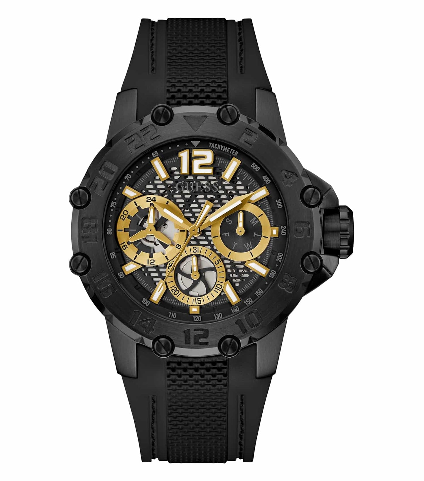 Guess quartz watch in black, front angle view, showcasing sleek dial and strap design, capturing elegant timekeeping essence.