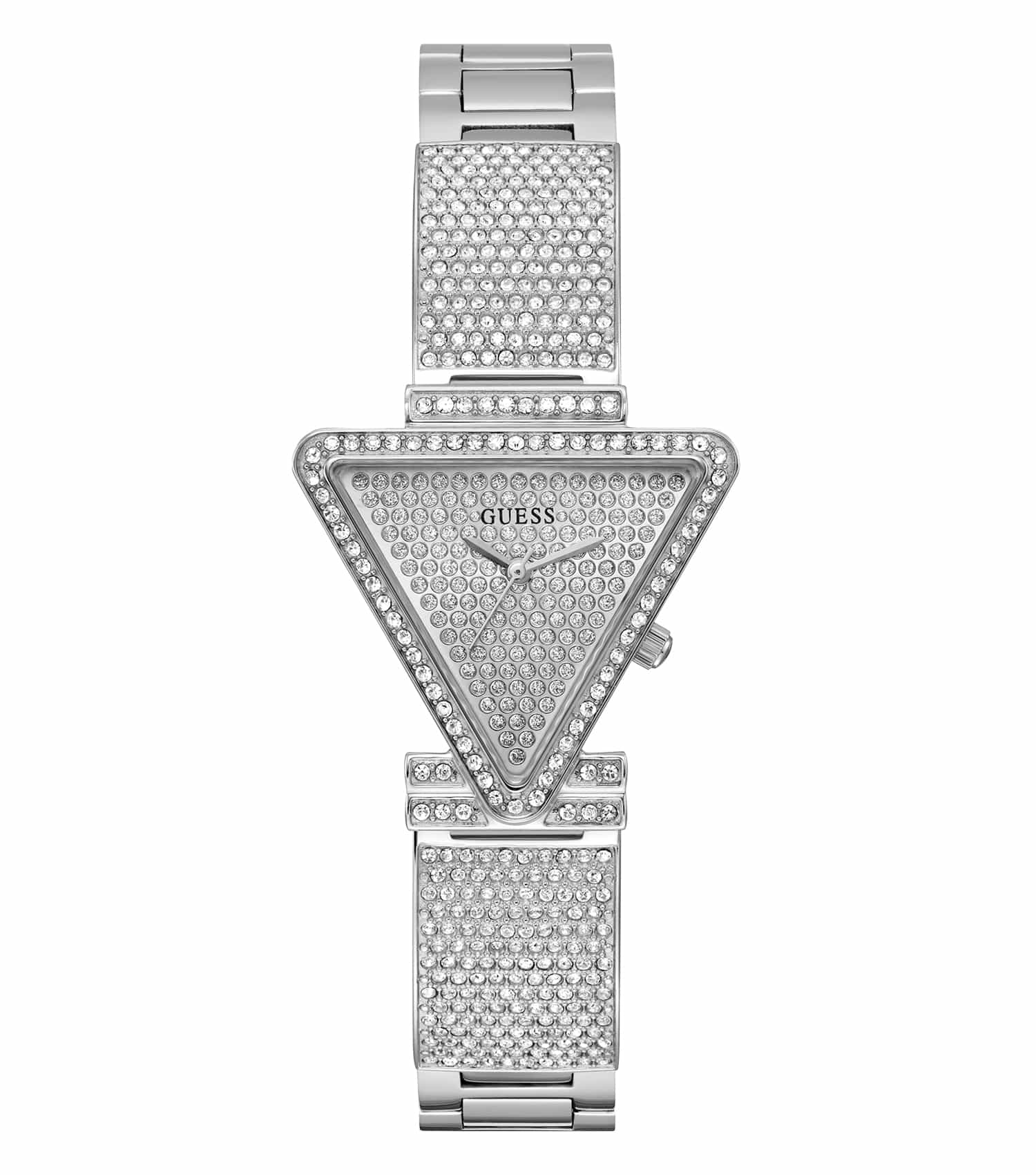 Sleek Guess quartz watch in lustrous silver, angled to showcase the elegant dial and shimmering bracelet, epitomizing timeless style.