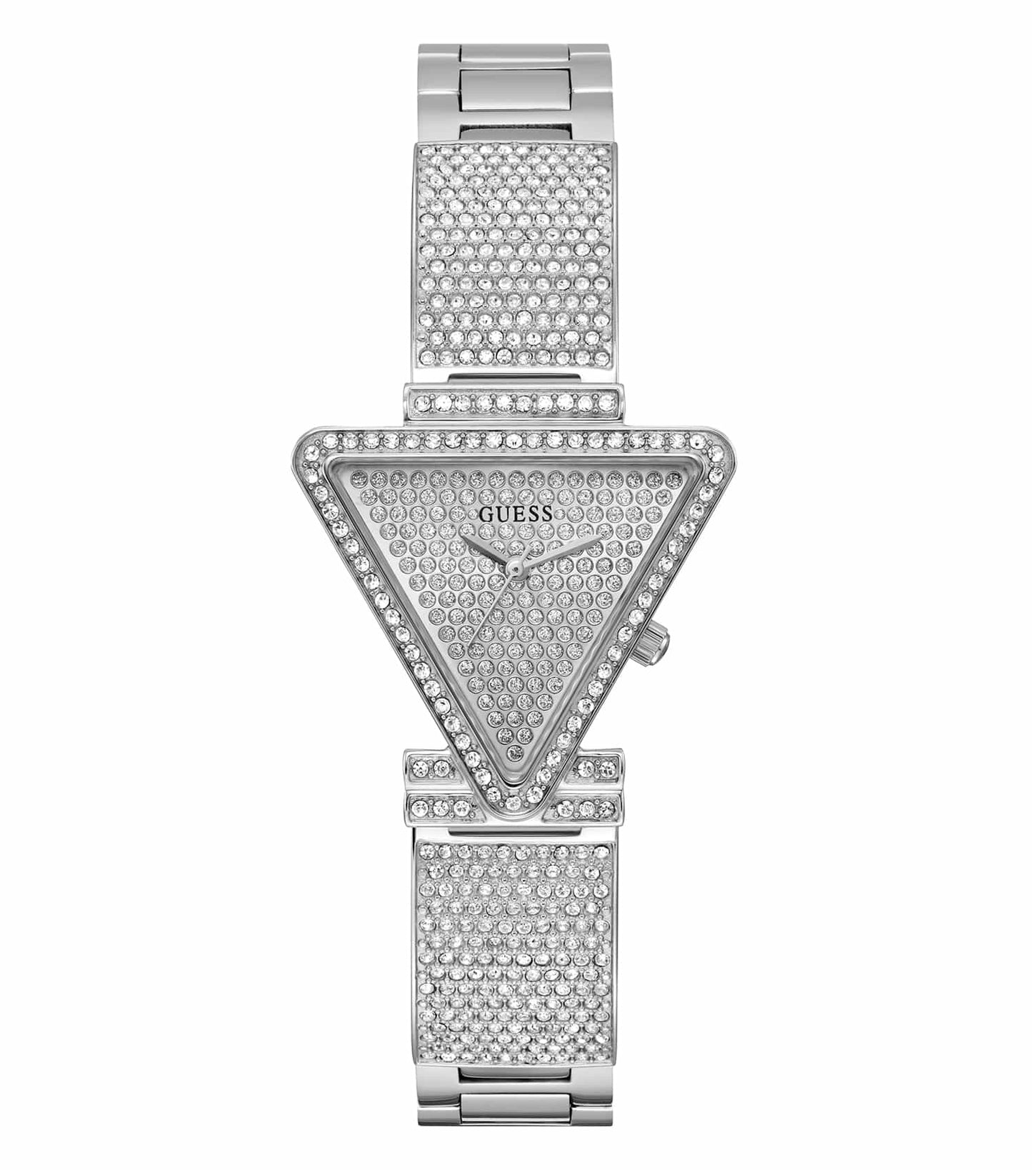 Sleek Guess quartz watch in lustrous silver, angled to showcase the elegant dial and shimmering bracelet, epitomizing timeless style.