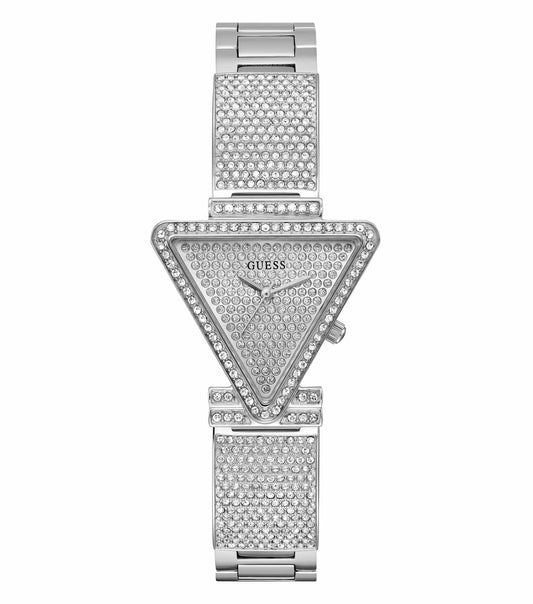 Sleek Guess quartz watch in lustrous silver, angled to showcase the elegant dial and shimmering bracelet, epitomizing timeless style.